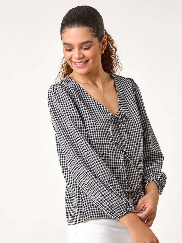 Roman Black Gingham Print Tie Front Woven Top - Image 2 of 5