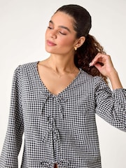 Roman Black Gingham Print Tie Front Woven Top - Image 4 of 5