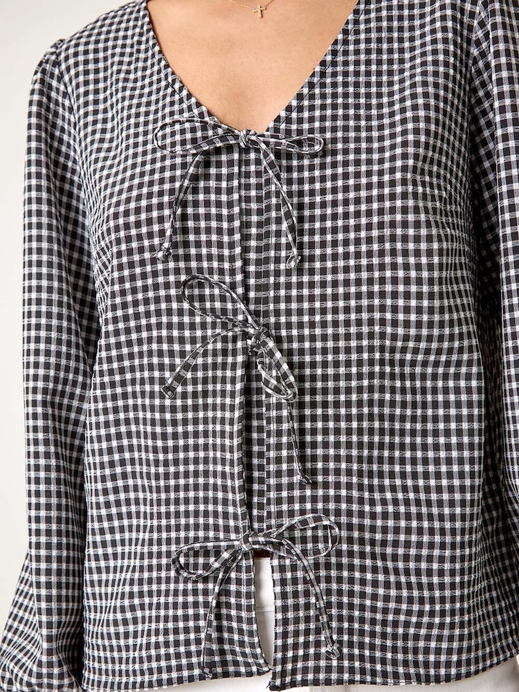 Roman Black Gingham Print Tie Front Woven Top - Image 5 of 5
