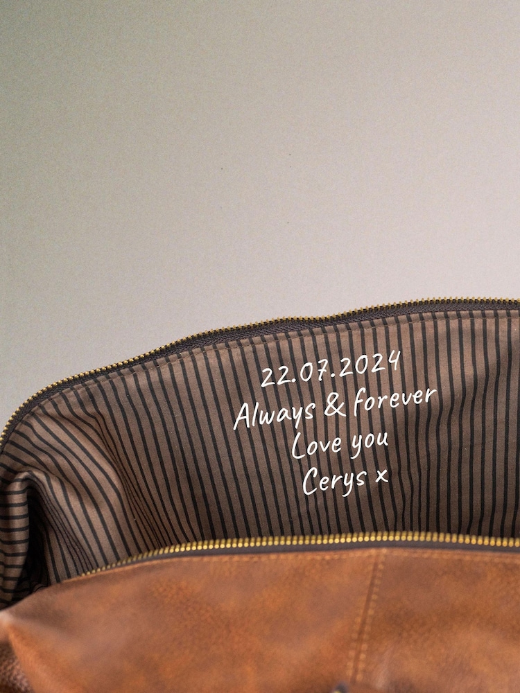 Jonnys Sister Personalised Secret Message Nuhide Brown Holdall with a Matching Strap - Image 3 of 3