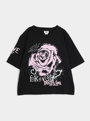 River Island Black Girls Graffiti Rose 100% Cotton T-Shirt - Image 1 of 4