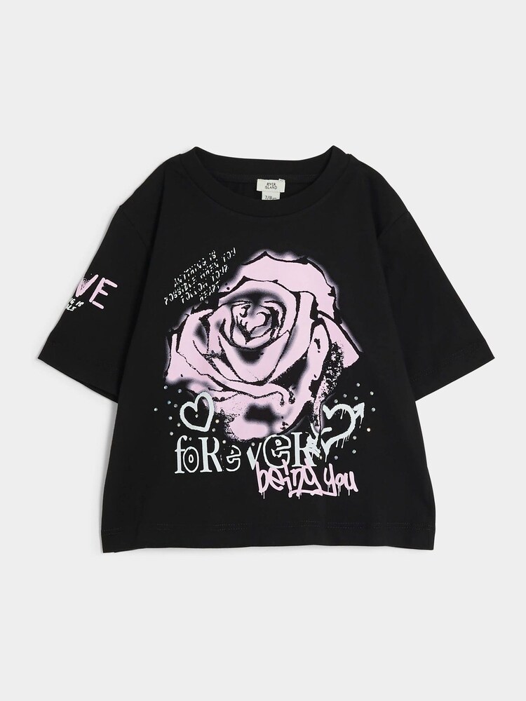 River Island Black Girls Graffiti Rose 100% Cotton T-Shirt - Image 1 of 4