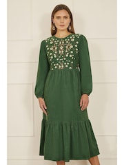 Yumi Green Long Sleeve 100% Cotton Midi Dress With Floral Print Embroidery Bodice - Image 1 of 5