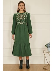 Yumi Green Long Sleeve 100% Cotton Midi Dress With Floral Print Embroidery Bodice - Image 2 of 5