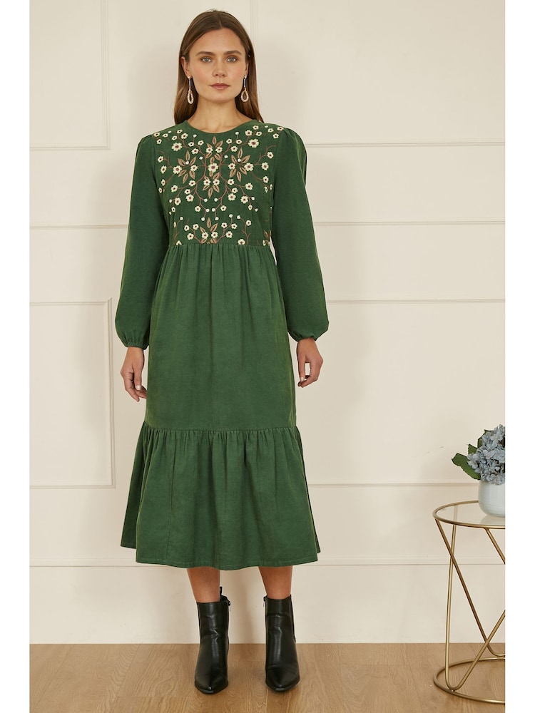 Yumi Green Long Sleeve 100% Cotton Midi Dress With Floral Print Embroidery Bodice - Image 2 of 5