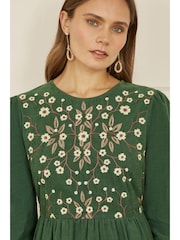 Yumi Green Long Sleeve 100% Cotton Midi Dress With Floral Print Embroidery Bodice - Image 4 of 5