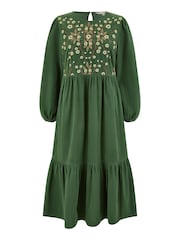 Yumi Green Long Sleeve 100% Cotton Midi Dress With Floral Print Embroidery Bodice - Image 5 of 5
