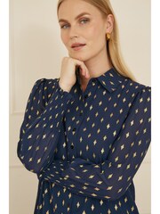 Yumi Blue Diamond Foil Print Top With Ruched Cuff - Image 4 of 5