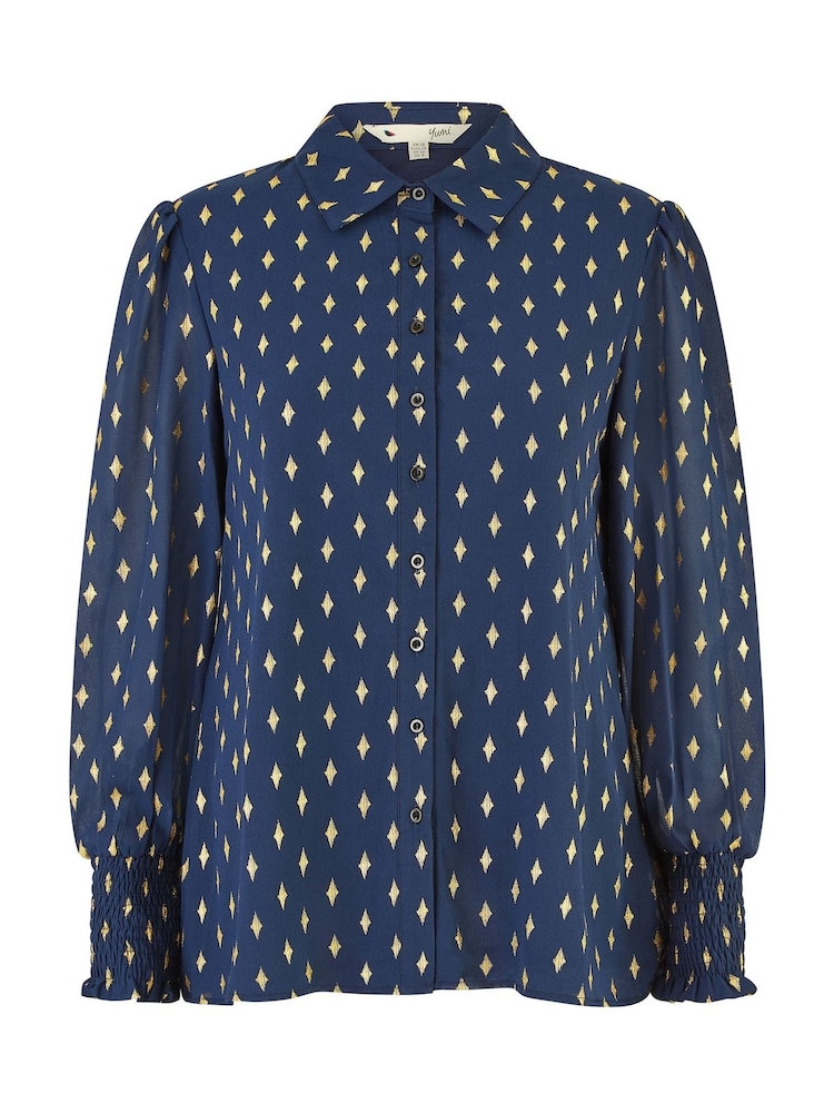 Yumi Blue Diamond Foil Print Top With Ruched Cuff - Image 5 of 5