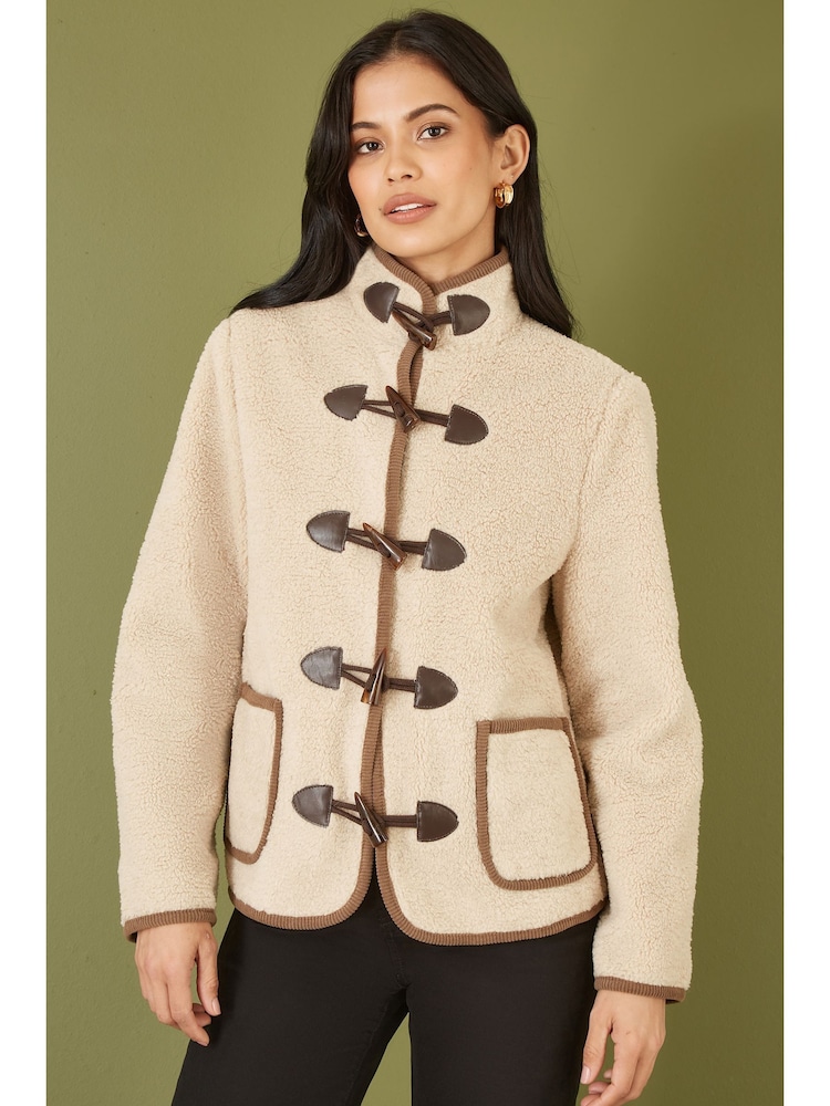 Yumi Cream Borg Jacket With Faux Leather Button Details - Image 1 of 5