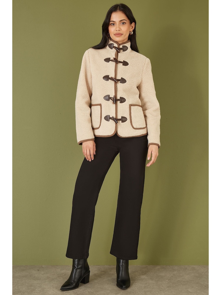 Yumi Cream Borg Jacket With Faux Leather Button Details - Image 2 of 5