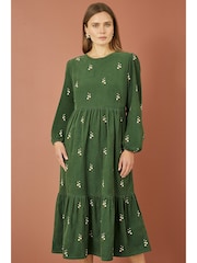 Yumi Green Long Sleeve 100% Cotton Midi Dress With Floral Print Embroidery - Image 1 of 4