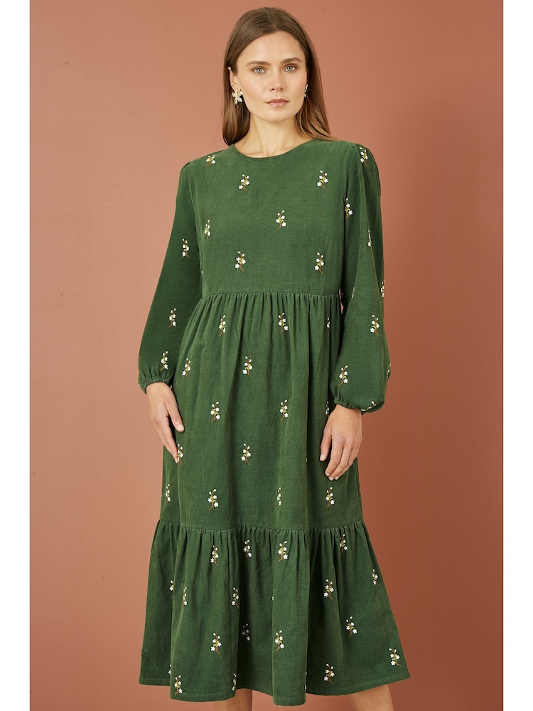 Yumi Green Long Sleeve 100% Cotton Midi Dress With Floral Print Embroidery - Image 1 of 4