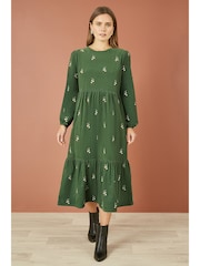 Yumi Green Long Sleeve 100% Cotton Midi Dress With Floral Print Embroidery - Image 2 of 4