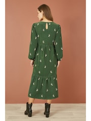 Yumi Green Long Sleeve 100% Cotton Midi Dress With Floral Print Embroidery - Image 3 of 4
