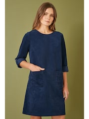 Yumi Blue Corduroy Tunic Dress With 3/4 Sleeves And Pockets - Image 1 of 5