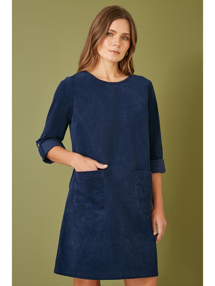Yumi Blue Corduroy Tunic Dress With 3/4 Sleeves And Pockets - Image 1 of 5