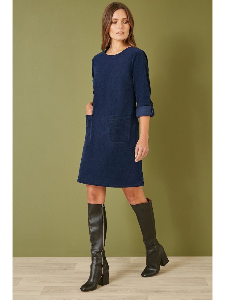 Yumi Blue Corduroy Tunic Dress With 3/4 Sleeves And Pockets - Image 2 of 5