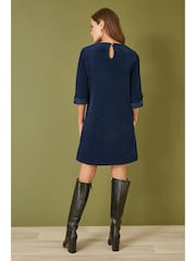 Yumi Blue Corduroy Tunic Dress With 3/4 Sleeves And Pockets - Image 3 of 5