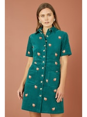 Yumi Blue Corduroy Shirt Dress With All Over Fox Embroidery - Image 1 of 4