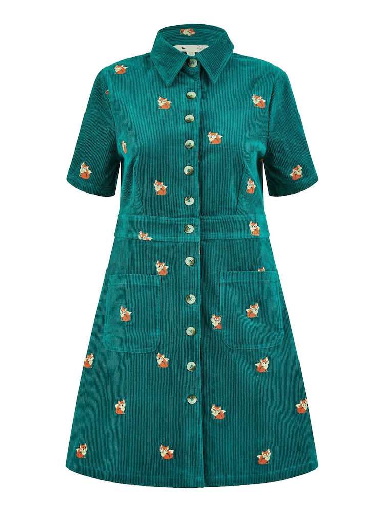 Yumi Blue Corduroy Shirt Dress With All Over Fox Embroidery - Image 4 of 4
