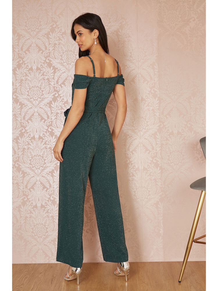 Yumi Green Sparkle Stretch Bardot Jumpsuit - Image 3 of 5