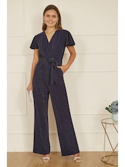 Yumi Blue Sparkle Stretch Wrap Over Jumpsuit - Image 1 of 4