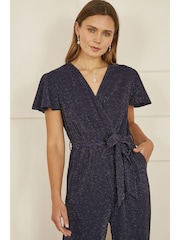 Yumi Blue Sparkle Stretch Wrap Over Jumpsuit - Image 2 of 4