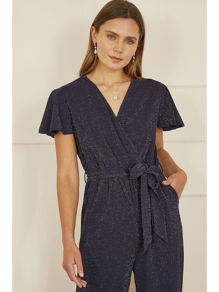 Yumi Blue Sparkle Stretch Wrap Over Jumpsuit - Image 2 of 4