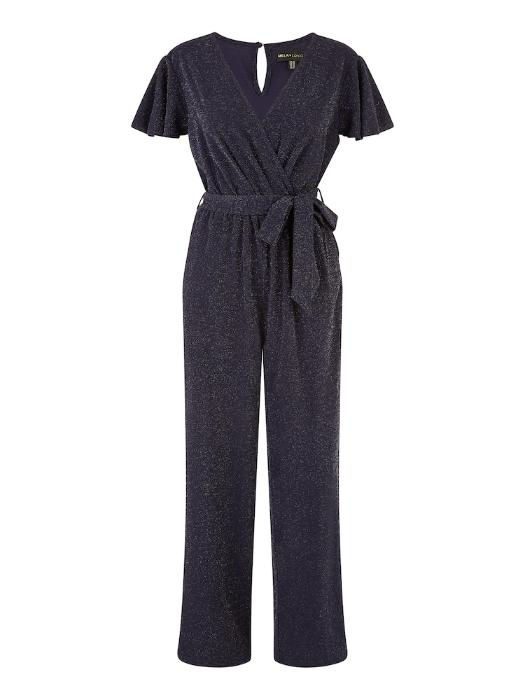 Yumi Blue Sparkle Stretch Wrap Over Jumpsuit - Image 4 of 4