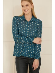 Yumi Dark Blue Diamond Foil Print Top With Ruched Cuff - Image 1 of 5