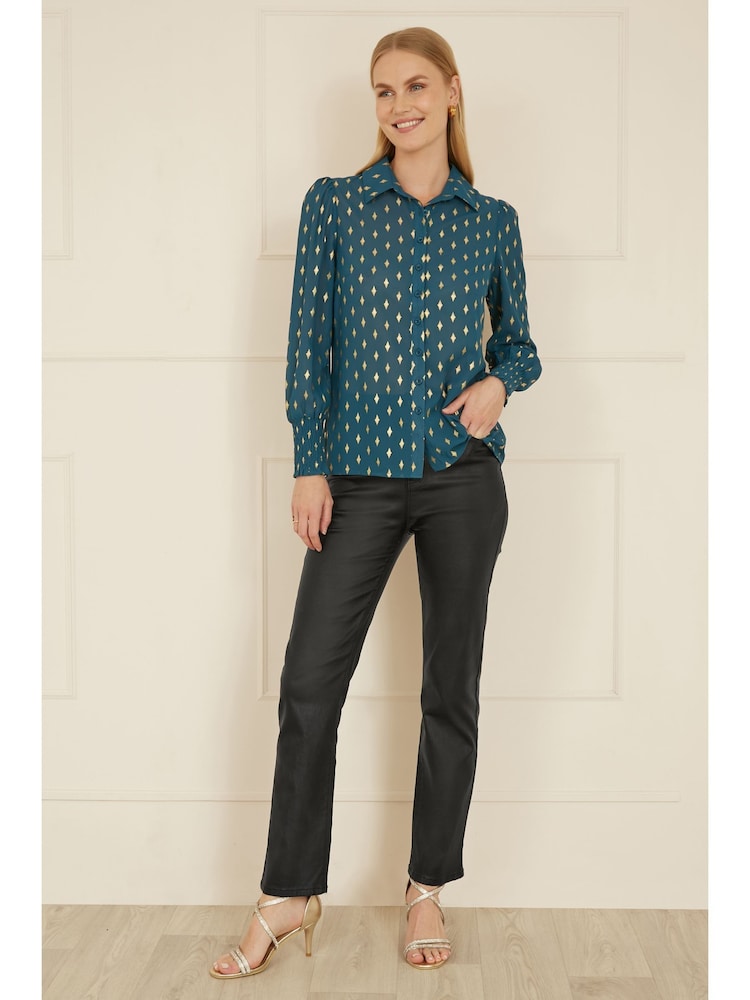 Yumi Dark Blue Diamond Foil Print Top With Ruched Cuff - Image 2 of 5