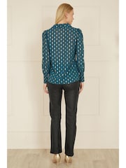 Yumi Dark Blue Diamond Foil Print Top With Ruched Cuff - Image 3 of 5