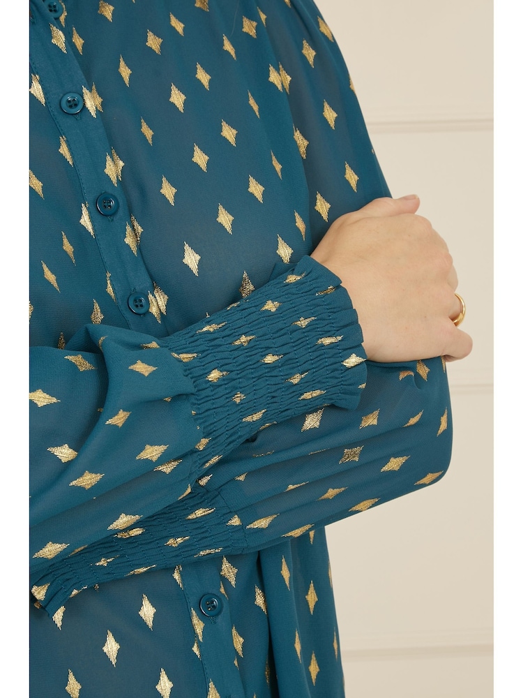 Yumi Dark Blue Diamond Foil Print Top With Ruched Cuff - Image 4 of 5