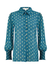 Yumi Dark Blue Diamond Foil Print Top With Ruched Cuff - Image 5 of 5