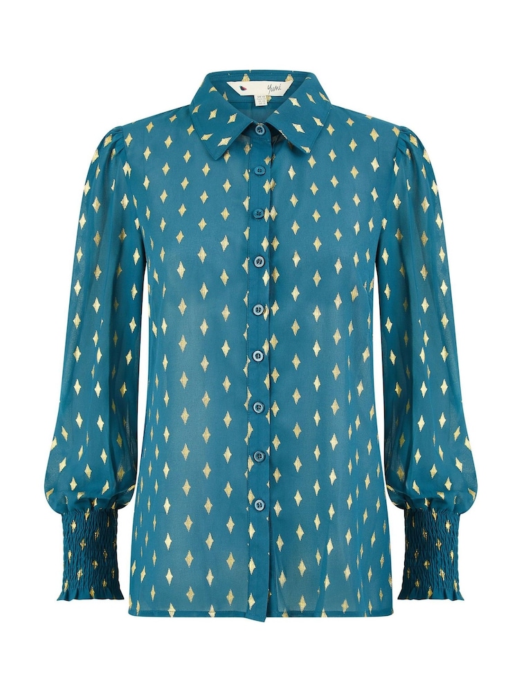 Yumi Dark Blue Diamond Foil Print Top With Ruched Cuff - Image 5 of 5