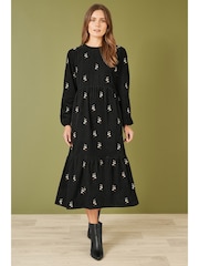 Yumi Black Long Sleeve 100% Cotton Midi Dress With Floral Print Embroidery - Image 1 of 4