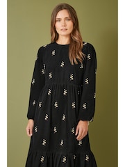 Yumi Black Long Sleeve 100% Cotton Midi Dress With Floral Print Embroidery - Image 2 of 4