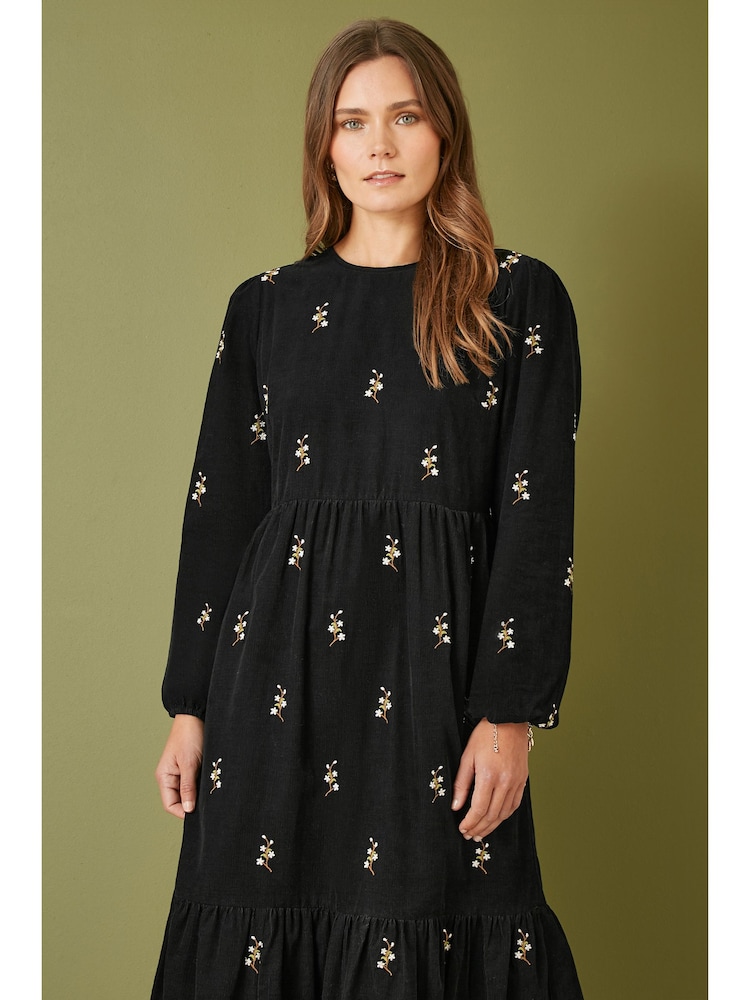Yumi Black Long Sleeve 100% Cotton Midi Dress With Floral Print Embroidery - Image 2 of 4