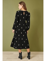 Yumi Black Long Sleeve 100% Cotton Midi Dress With Floral Print Embroidery - Image 3 of 4