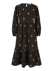 Yumi Black Long Sleeve 100% Cotton Midi Dress With Floral Print Embroidery - Image 4 of 4