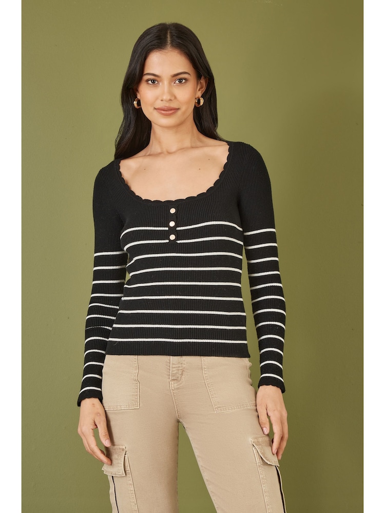 Yumi Black Stripe Rib Knitted Long Sleeve Top With Button Details - Image 1 of 5