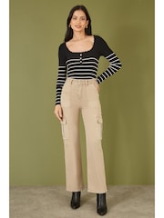 Yumi Black Stripe Rib Knitted Long Sleeve Top With Button Details - Image 2 of 5