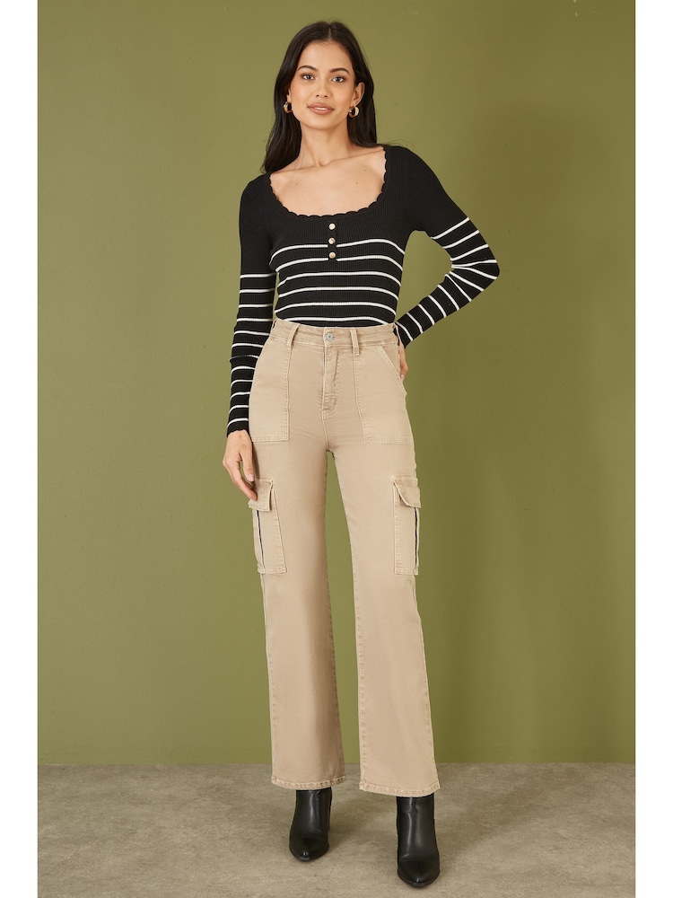 Yumi Black Stripe Rib Knitted Long Sleeve Top With Button Details - Image 2 of 5