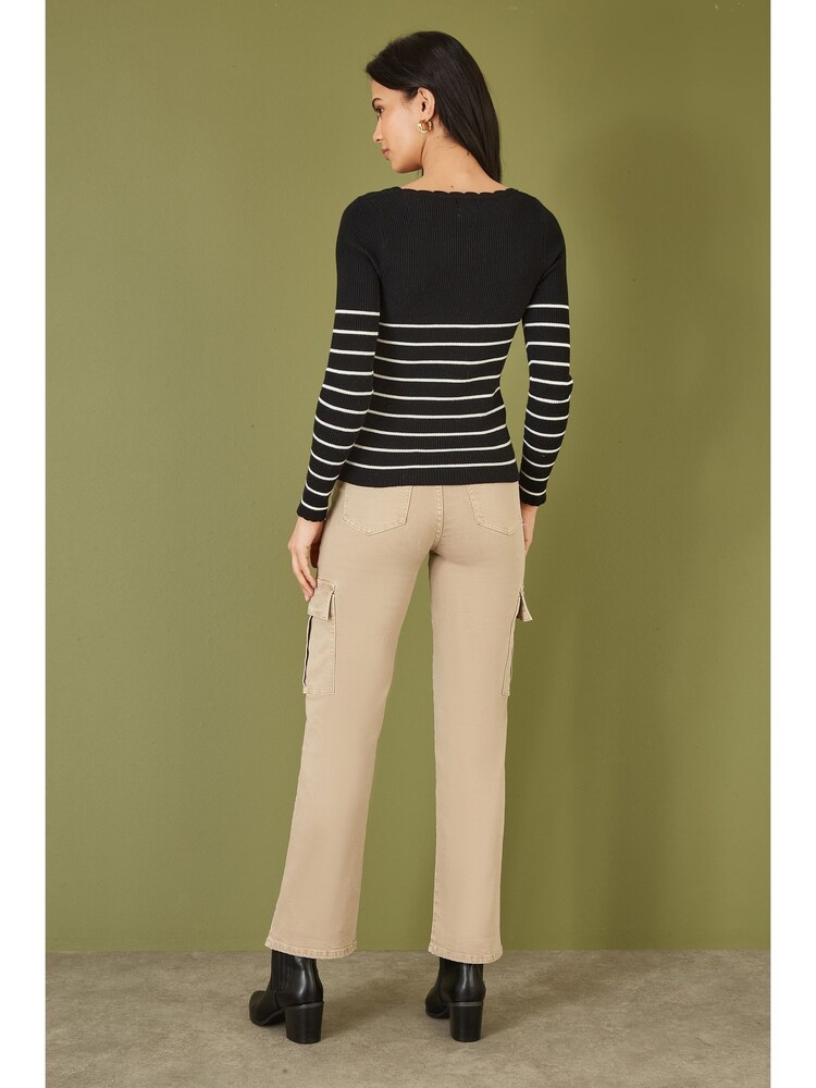 Yumi Black Stripe Rib Knitted Long Sleeve Top With Button Details - Image 3 of 5