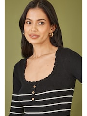 Yumi Black Stripe Rib Knitted Long Sleeve Top With Button Details - Image 4 of 5