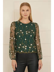 Yumi Green Floral Embroidered Long Sleeve Top - Image 1 of 5