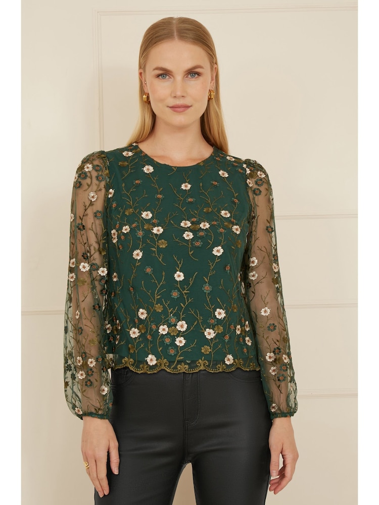 Yumi Green Floral Embroidered Long Sleeve Top - Image 1 of 5
