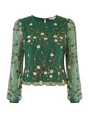 Yumi Green Floral Embroidered Long Sleeve Top - Image 5 of 5