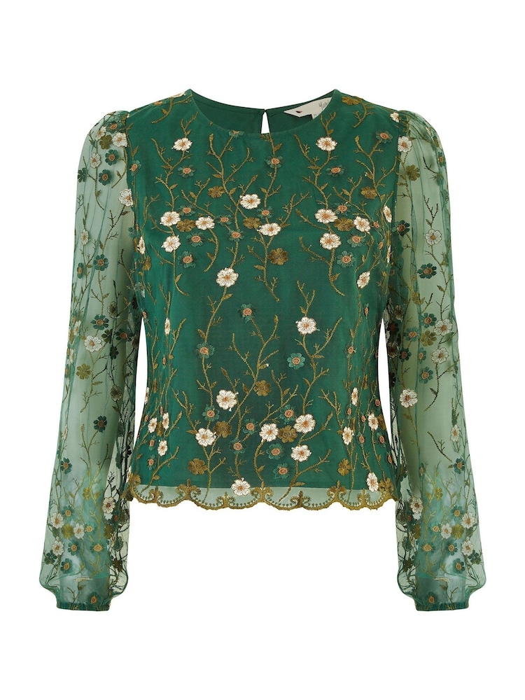Yumi Green Floral Embroidered Long Sleeve Top - Image 5 of 5
